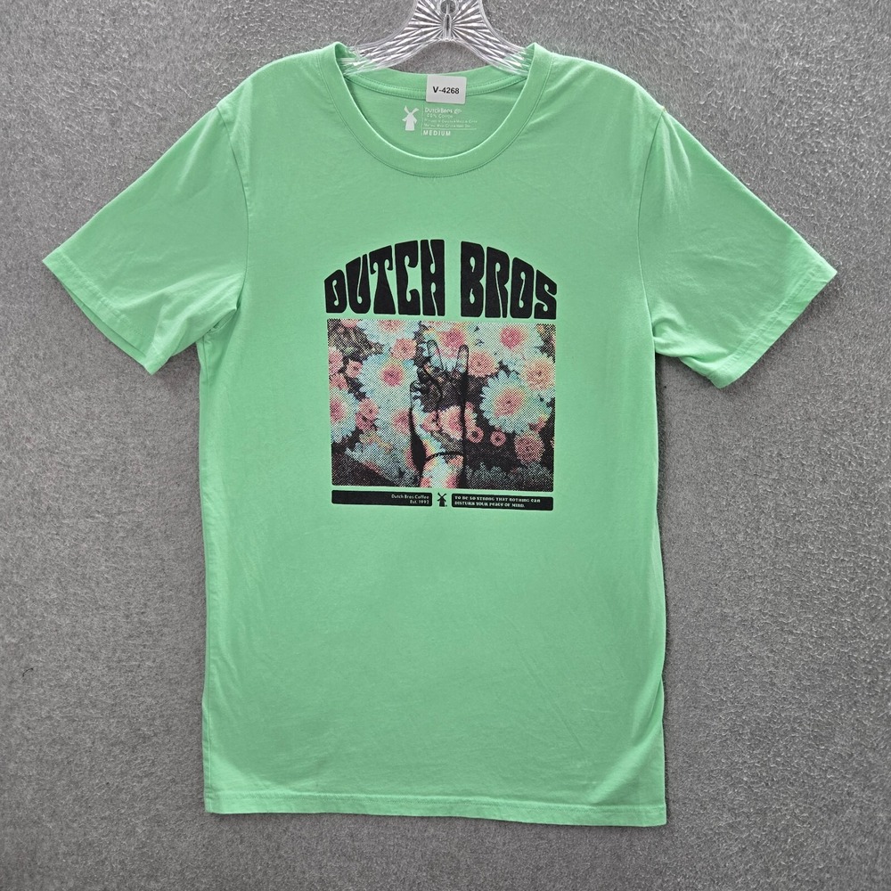 Dutch Bros Women Top Medium Green Shirt Logo Peace Sign Graphic Short Sleeve Tee